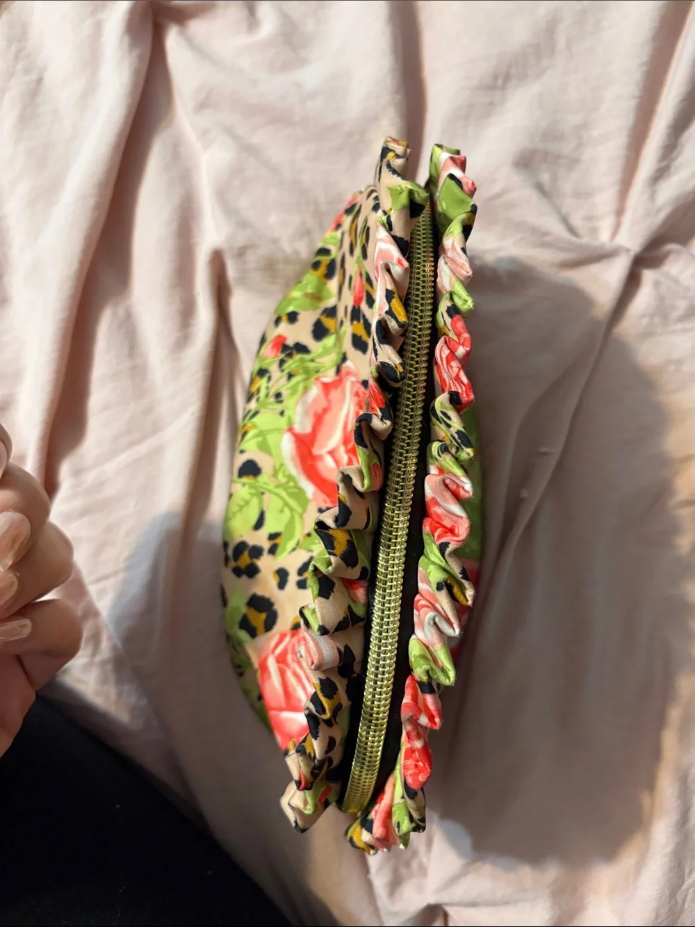 Betsey Johnson Floral Rose & Leopard Ruffle Cosmetic Bag - Pink/Green/Beige